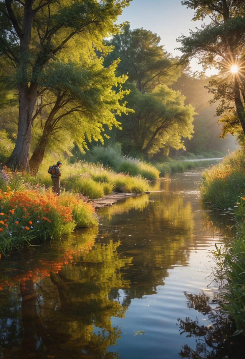 A scenic riverside view featuring a tranquil fisherman casting a fly line, surrounded by lush greenery and wildflowers, showcasing affordable fishing gear next to a picnic setup with simple snacks. The sky is clear with a warm sunset glow reflecting on the water, conveying the joy of fishing on a budget. super-realistic. vibrant colors. natural setting.
