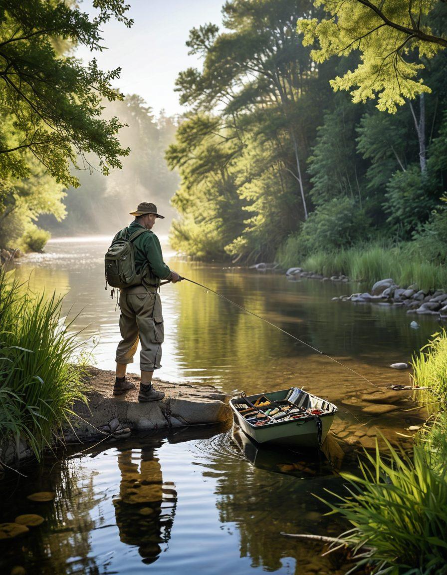 A serene riverside scene depicting a budget-friendly fly fishing setup, with an angler casting a line using homemade fishing gear. Lush greenery surrounds the river, and a hint of sunlight glistens on the water's surface. Incorporate fishing tackle boxes filled with DIY lures and a wallet with dollar bills partially visible, symbolizing cost-effectiveness. The atmosphere should evoke a sense of tranquility and resourcefulness, showcasing the joy of affordable fly fishing. super-realistic. vibrant colors. natural setting.
