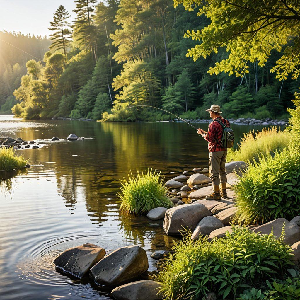 A scenic outdoor setup featuring a tranquil river surrounded by lush greenery, with a person casting a fly rod wearing casual fishing gear. Nearby, a tackle box filled with affordable fishing equipment is visible, and a detailed guidebook lies open on a rock. The sun is setting in the background, casting warm golden hues across the scene. The mood should convey relaxation and the joy of budget-friendly fishing adventures. vibrant colors. super-realistic. natural lighting.